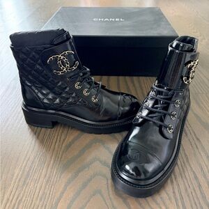 Authentic CHANEL Black Quilted Lace Up Combat Boots Size 38